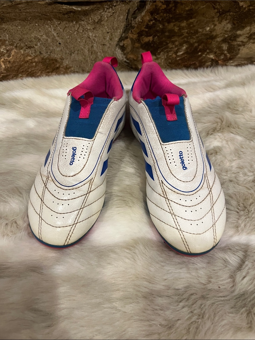 adidas kids White Slip-On soccer cleats with Blue Stripes & Pink Lining